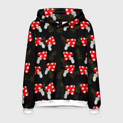 Толстовка-худи мужская Мухоморы на черном фоне, цвет: 3D-белый