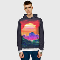 Толстовка-худи мужская Синтвейв неоновые горы на закате, цвет: 3D-белый — фото 2