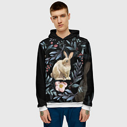 Толстовка-худи мужская Новогодний кролик - Веточки и цветочки, цвет: 3D-белый — фото 2