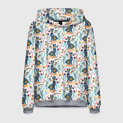 Толстовка-худи мужская Новогодний паттерн - Кролики и веточки, цвет: 3D-меланж