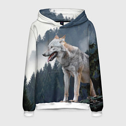 Толстовка-худи мужская Волк на фоне леса, цвет: 3D-белый