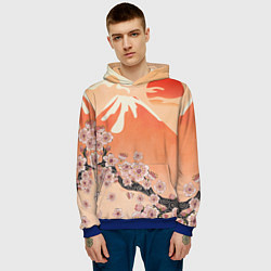 Толстовка-худи мужская Ветка цветущей сакуры и вулкан, цвет: 3D-синий — фото 2
