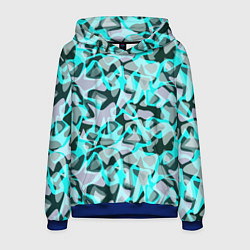 Толстовка-худи мужская Пятнистый абстрактный узор серый с бирюзовыми лини, цвет: 3D-синий