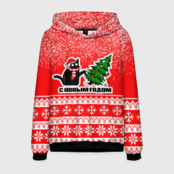 Толстовка-худи мужская С новым годом - котик и ёлка, цвет: 3D-черный