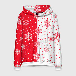 Толстовка-худи мужская Рождественские снежинки на красно-белом фоне, цвет: 3D-белый