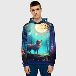 Толстовка-худи мужская Волк в ночном лесу в folk art стиле, цвет: 3D-синий — фото 2