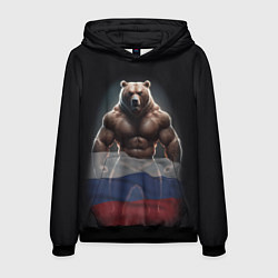 Толстовка-худи мужская Патриотичный медведь с российским флагом, цвет: 3D-черный