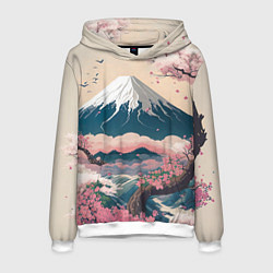 Толстовка-худи мужская Японский пейзаж: цветение сакуры у горы Фудзияма, цвет: 3D-белый