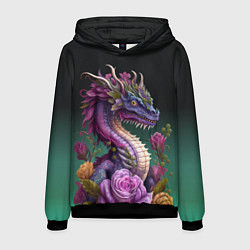 Толстовка-худи мужская Неоновый дракон с цветами, цвет: 3D-черный
