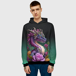 Толстовка-худи мужская Неоновый дракон с цветами, цвет: 3D-черный — фото 2