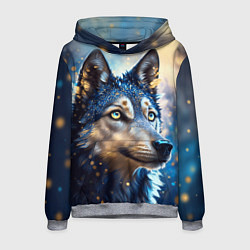 Толстовка-худи мужская Волк на синем фоне, цвет: 3D-меланж