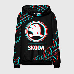 Толстовка-худи мужская Значок Skoda в стиле glitch на темном фоне, цвет: 3D-черный