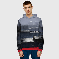 Толстовка-худи мужская Тёмный металлический город будущего, цвет: 3D-красный — фото 2