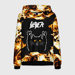 Толстовка-худи мужская Slayer рок кот и огонь, цвет: 3D-черный