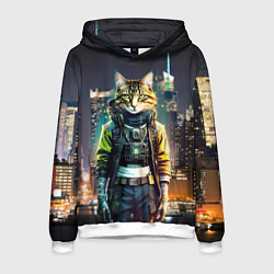 Толстовка-худи мужская Cool cat in New York city at night, цвет: 3D-белый