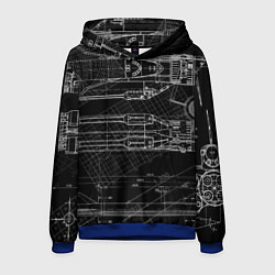 Толстовка-худи мужская Чертеж ракеты на чёрном фоне, цвет: 3D-синий