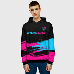 Толстовка-худи мужская Porsche - neon gradient: символ сверху, цвет: 3D-черный — фото 2