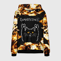 Толстовка-худи мужская Evanescence рок кот и огонь, цвет: 3D-черный