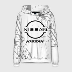 Толстовка-худи мужская Nissan speed на светлом фоне со следами шин, цвет: 3D-белый