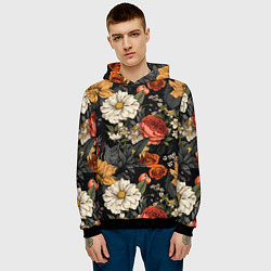 Толстовка-худи мужская Цветочный паттерн на черном, цвет: 3D-черный — фото 2