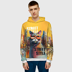 Толстовка-худи мужская Кот в городе - street style, цвет: 3D-белый — фото 2