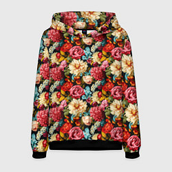 Толстовка-худи мужская Узор из роз и разных цветов, цвет: 3D-черный