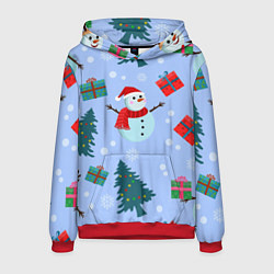 Толстовка-худи мужская Снеговики с новогодними подарками паттерн, цвет: 3D-красный