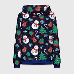 Толстовка-худи мужская Снеговички с рождественскими оленями и елками, цвет: 3D-синий