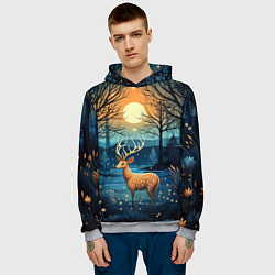 Толстовка-худи мужская Олень в ночном лесу фолк-арт, цвет: 3D-меланж — фото 2