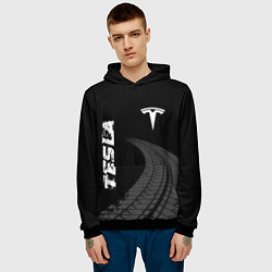 Толстовка-худи мужская Tesla speed на темном фоне со следами шин вертикал, цвет: 3D-черный — фото 2