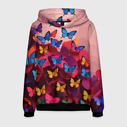Толстовка-худи мужская Разноцветные бабочки - розовые цветы, цвет: 3D-черный