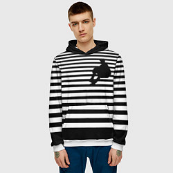 Толстовка-худи мужская Силуэт на чёрно белом полосы, цвет: 3D-белый — фото 2