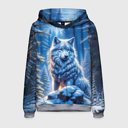 Толстовка-худи мужская Волк в зимнем ночном лесу, цвет: 3D-меланж