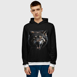 Толстовка-худи мужская Волк чёрный хищник, цвет: 3D-белый — фото 2