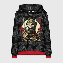 Толстовка-худи мужская Кот - японский самурай, цвет: 3D-красный