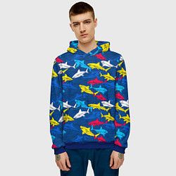 Толстовка-худи мужская Разноцветные акулы на глубине, цвет: 3D-синий — фото 2
