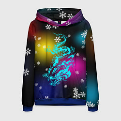 Толстовка-худи мужская Праздничный дракон и снежинки, цвет: 3D-синий