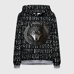 Толстовка-худи мужская Волк воин в орнаменте полустёртых рун, цвет: 3D-меланж