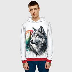 Толстовка-худи мужская Портрет волка на фоне природы, цвет: 3D-красный — фото 2