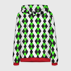 Толстовка-худи мужская Чёрные и зелёные ромбы на белом фоне, цвет: 3D-красный