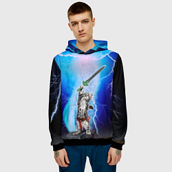 Толстовка-худи мужская Кот-рыцарь с мечом экскалибур под молниями, цвет: 3D-черный — фото 2
