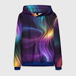 Толстовка-худи мужская Радужные неоновые волны и разводы на черном фоне, цвет: 3D-синий