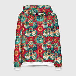 Толстовка-худи мужская Мандала с кошачьим орнаментом, цвет: 3D-белый