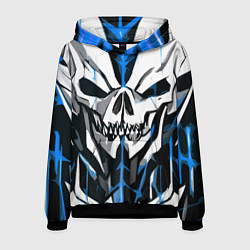 Толстовка-худи мужская Белый череп и синие полосы на чёрном фоне, цвет: 3D-черный