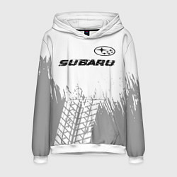 Толстовка-худи мужская Subaru speed на светлом фоне со следами шин посере, цвет: 3D-белый