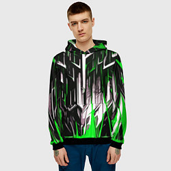 Толстовка-худи мужская Зелёно-белые вертикальные полосы на чёрном фоне, цвет: 3D-черный — фото 2