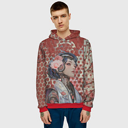 Толстовка-худи мужская Девушка-андроид на фоне шестиугольников, цвет: 3D-красный — фото 2