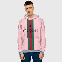 Толстовка-худи мужская Гусси - зелено-красная полоса на розовом фоне, цвет: 3D-меланж — фото 2