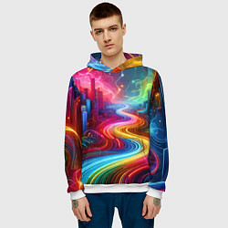 Толстовка-худи мужская Неоновый город - нейроарт, цвет: 3D-белый — фото 2