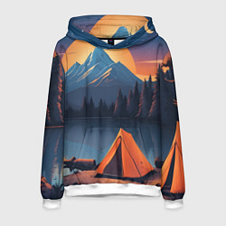 Толстовка-худи мужская Палатка на берегу озера, цвет: 3D-белый